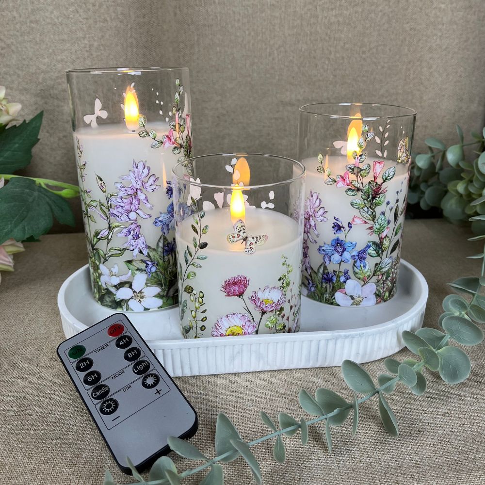 LED-lampor i cylinderglas 3 st. – blomstermotiv och fjärrkontroll