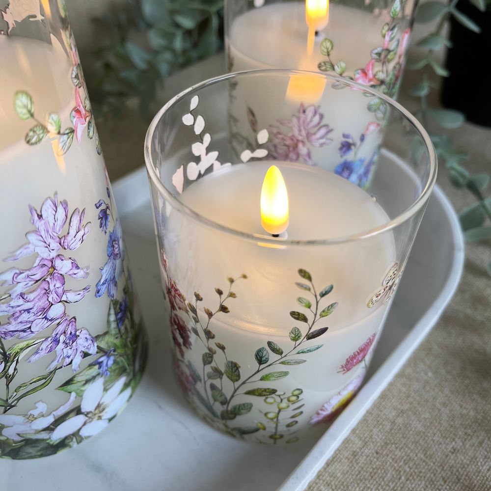 LED-lampor i cylinderglas 3 st. – blomstermotiv och fjärrkontroll