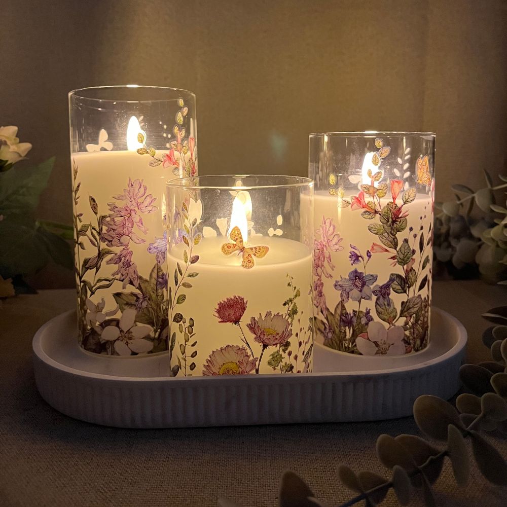 LED-lampor i cylinderglas 3 st. – blomstermotiv och fjärrkontroll