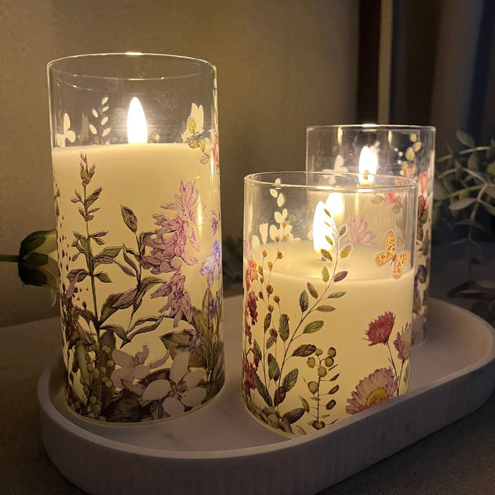 LED-lampor i cylinderglas 3 st. – blomstermotiv och fjärrkontroll