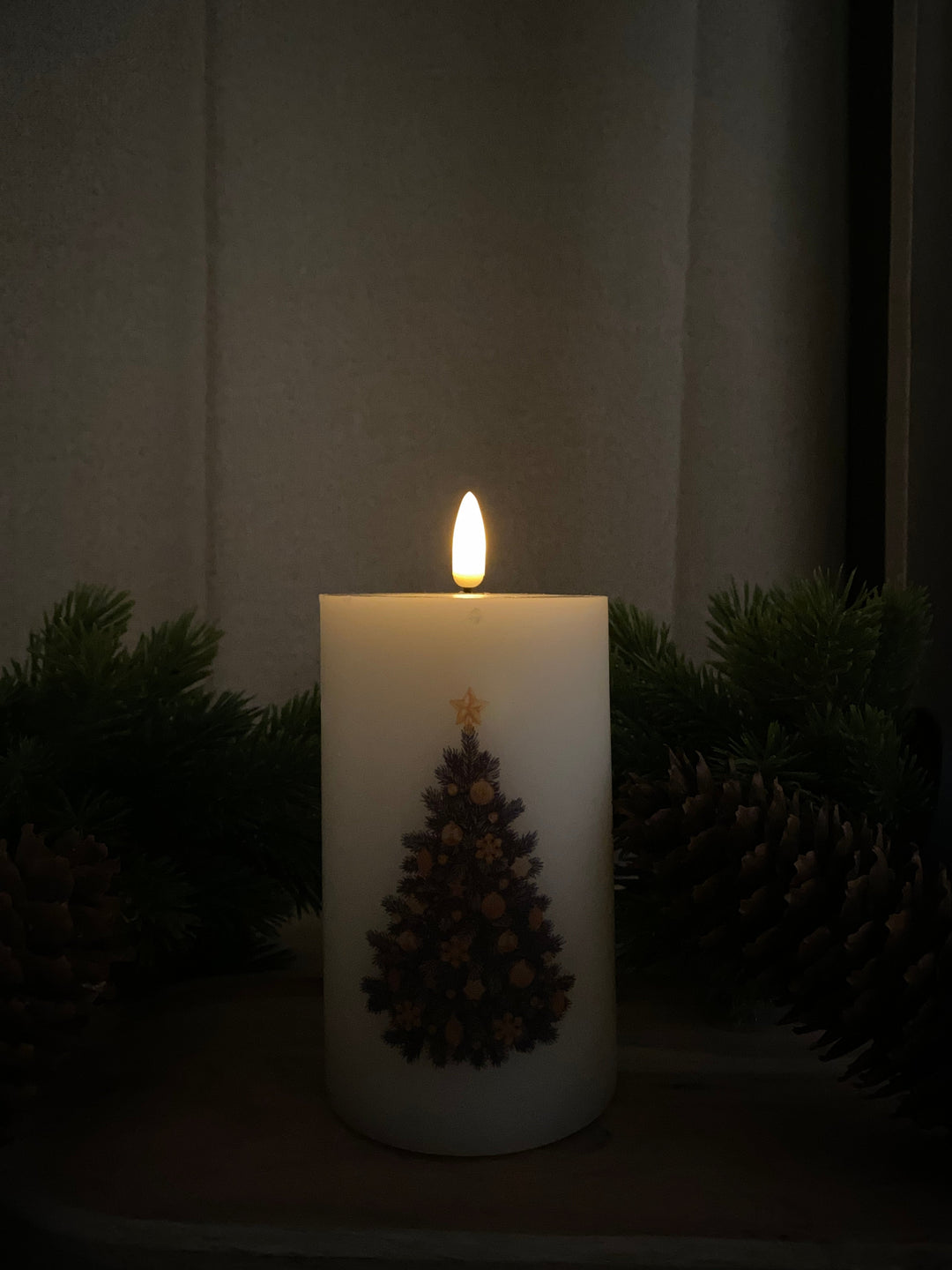 LED-blockljus 3D - Ø7,5x12,5 cm - julgran/kräm