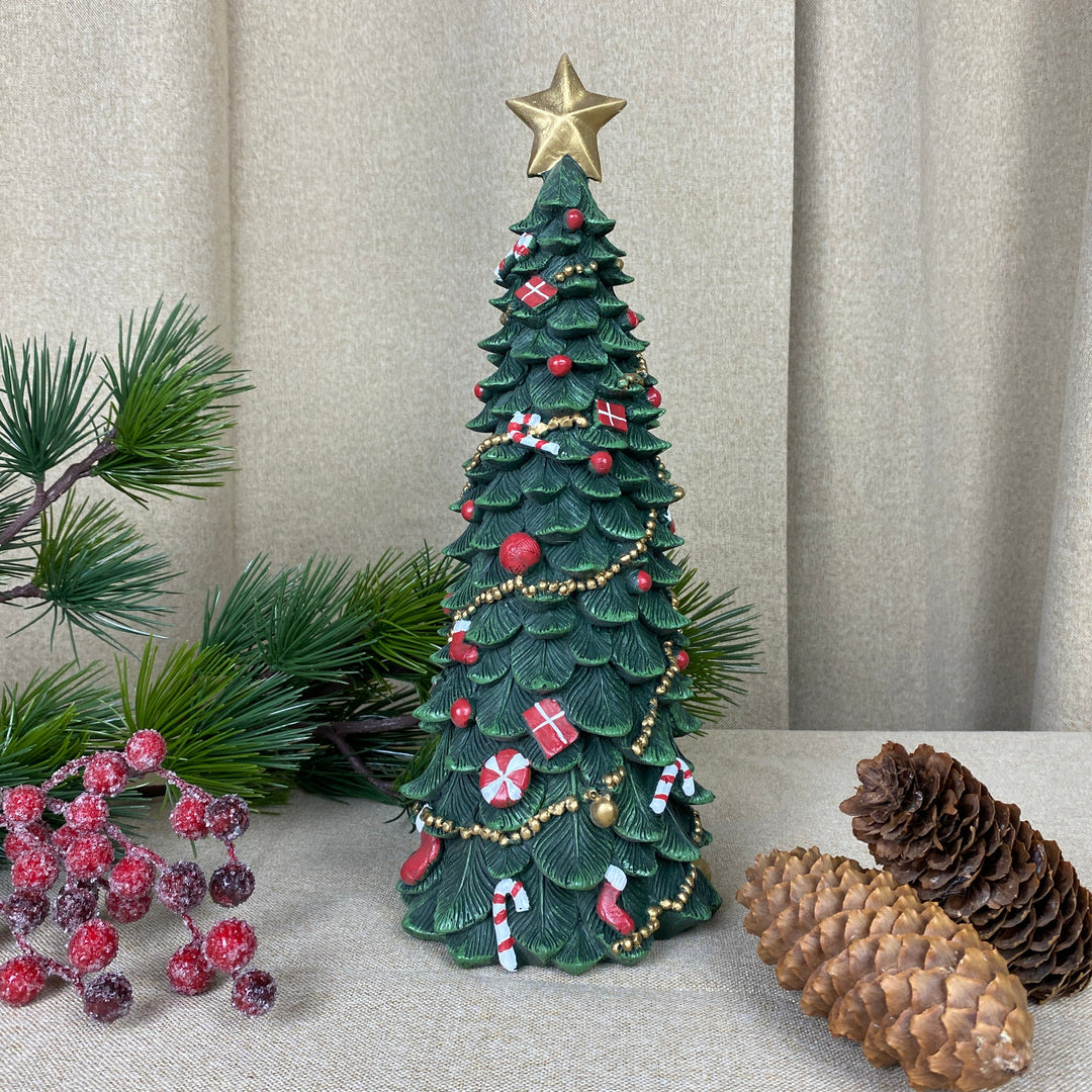 Julgran med dekorationer 33 cm polyresin mörkgrön