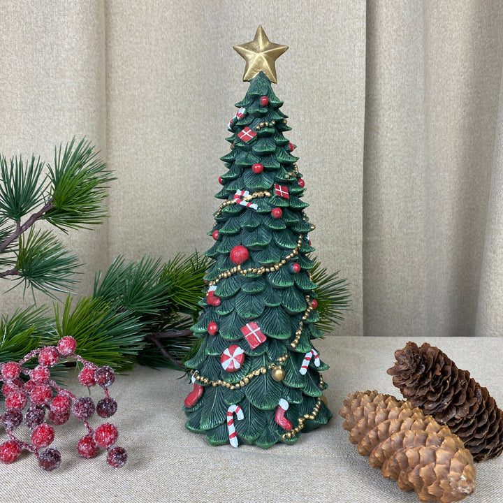 Julgran med dekorationer 33 cm polyresin mörkgrön
