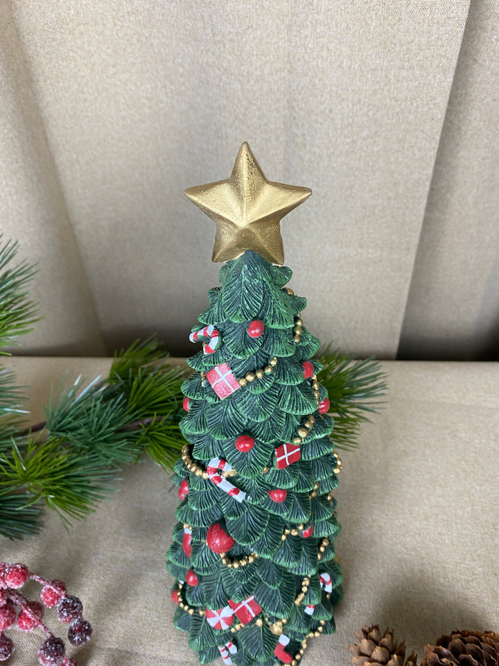 Julgran med dekorationer 33 cm polyresin mörkgrön