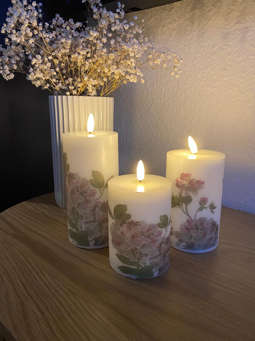 LED blockljusset om 3 delar. - hortensiamotiv med fjärrkontroll och timerfunktion