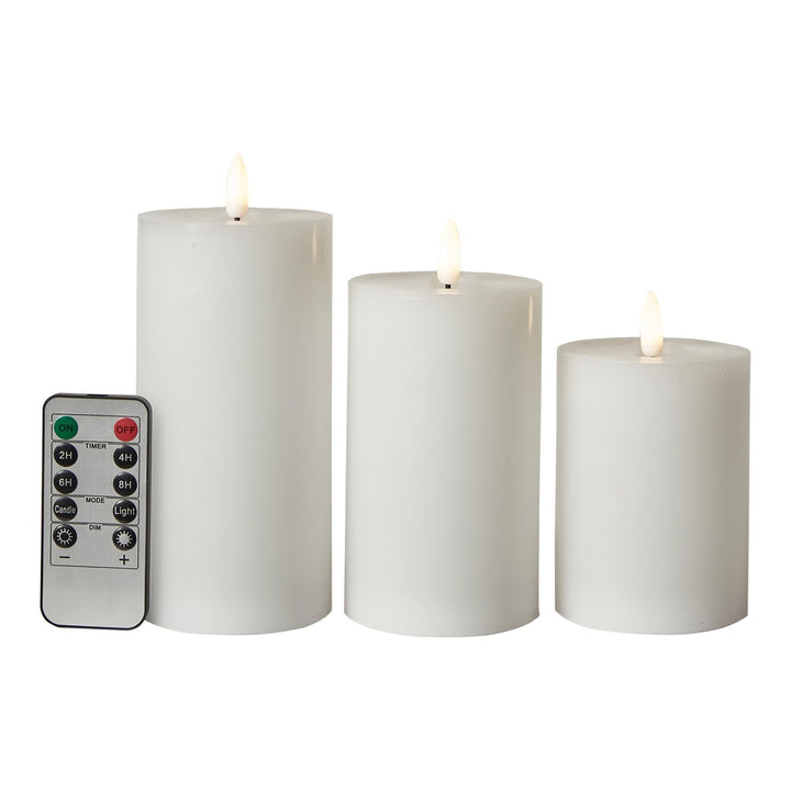 3 LED blockljus med 3D-flamma och fjärrkontroll Ø7,5 cm - Vit