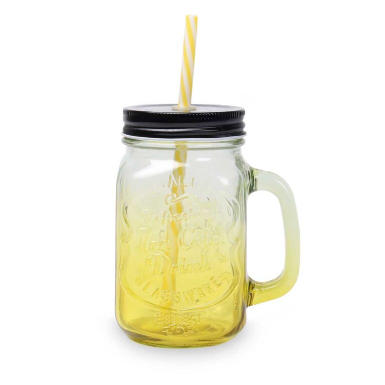 Dricksglas med lock och sugrör 450 ml. gul