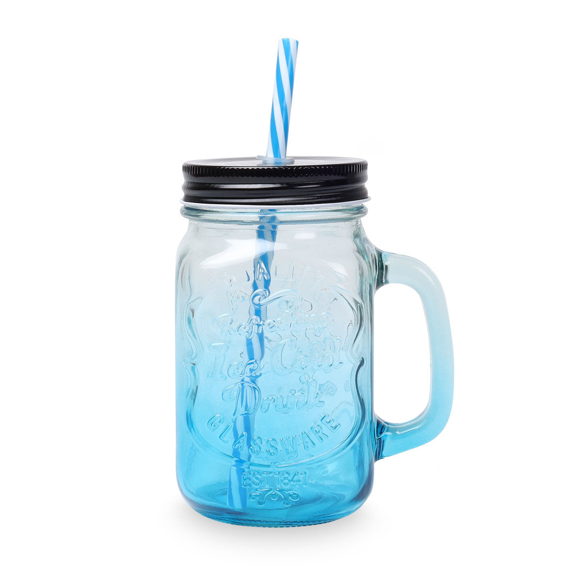 Dricksglas med lock och sugrör 450 ml. blå