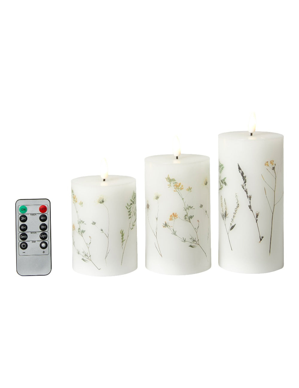 LED blockljus blomma S/3 - D7,5x10/12,5/15 cm fjärrkontroll vit