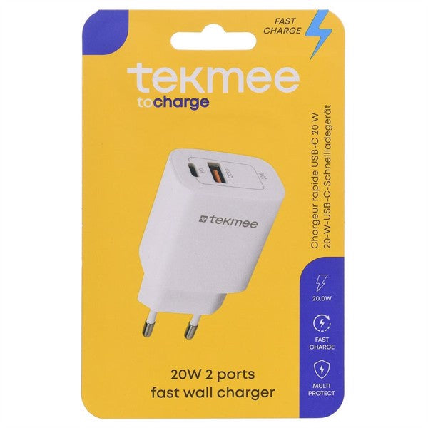 Tekmee - Adapter med fast laddning typ c/usb - 20W