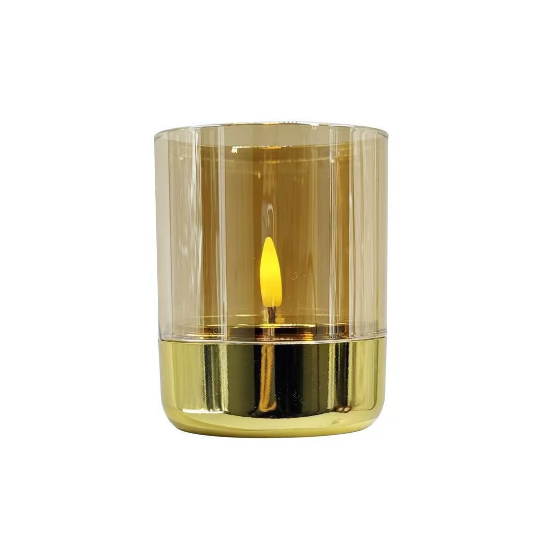 LED stage guld til batteri med 3D flamme 7x8,5 cm 2 stk. med timer