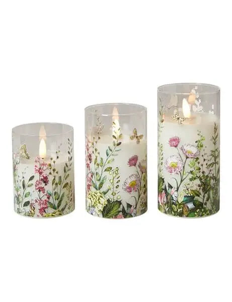 LED Cylinderglas – Set om 3 med fjärrkontroll – Blommig Lila – Ø7,5 x H10/12,5/15 cm