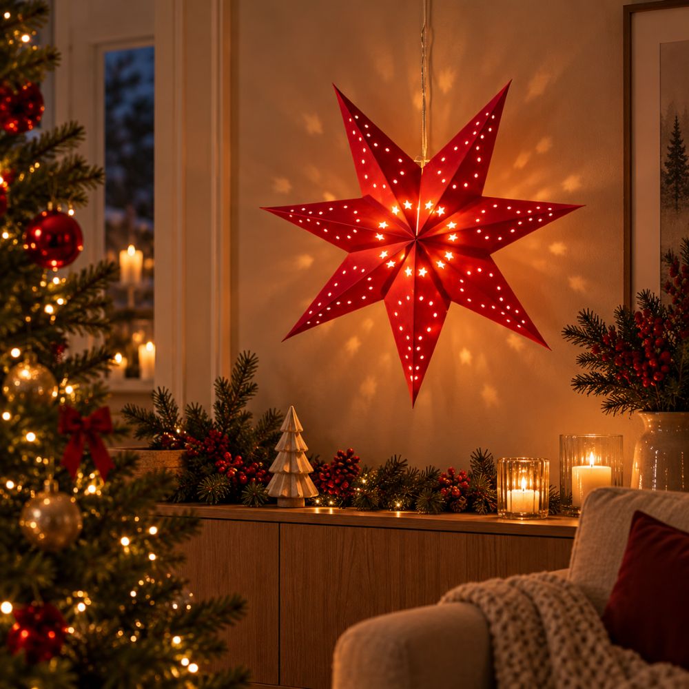Pappersstjärna 40 cm med 10 LED-batterilåda röd