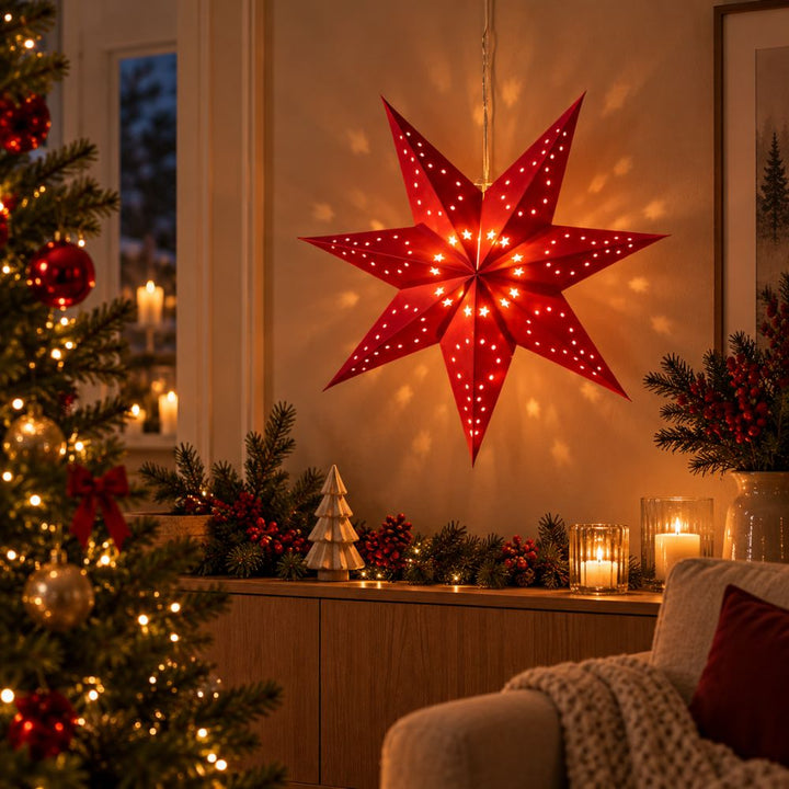 Pappersstjärna 40 cm med 10 LED-batterilåda röd