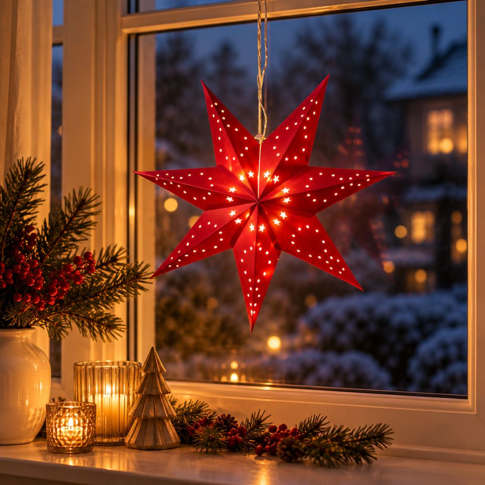Pappersstjärna 40 cm med 10 LED-batterilåda röd