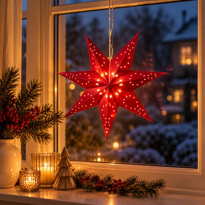Pappersstjärna 40 cm med 10 LED-batterilåda röd