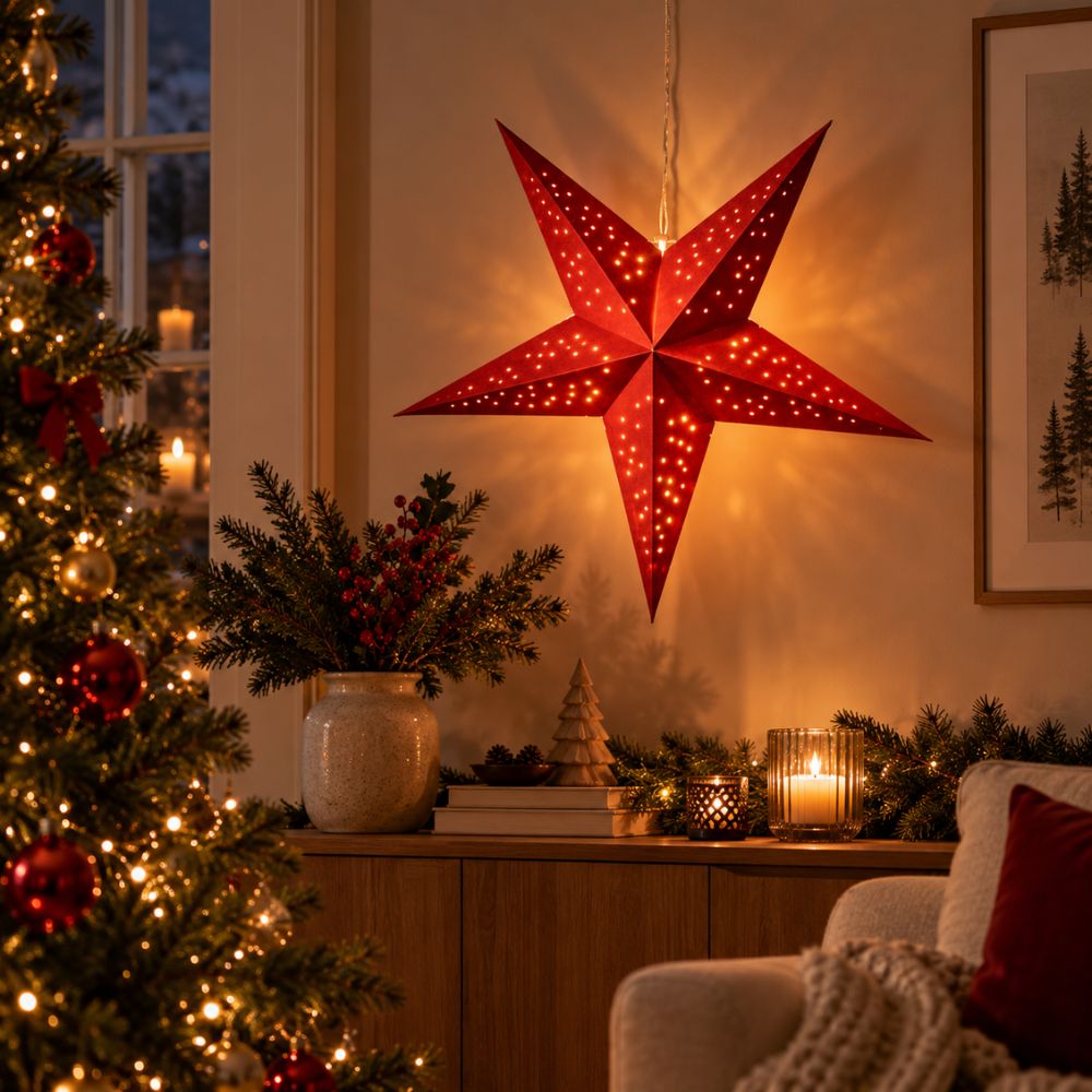 Pappersstjärna 60 cm med 10 LED-batterilåda röd