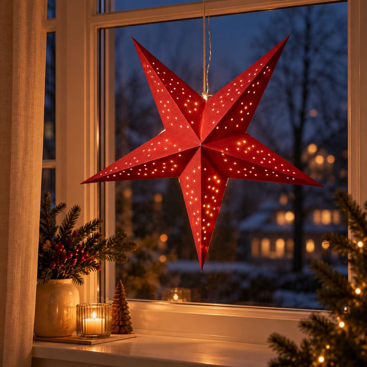 Pappersstjärna 60 cm med 10 LED-batterilåda röd