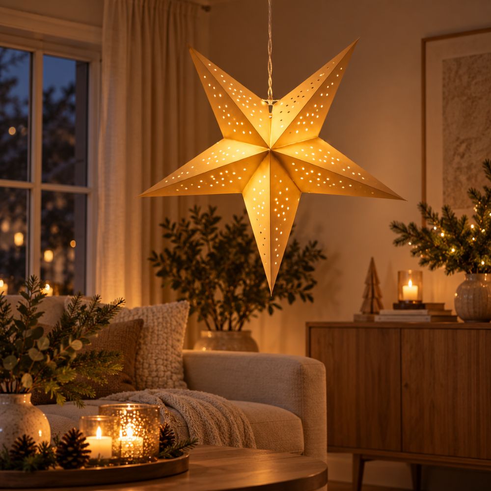 Pappersstjärna i guldfärg - med LED 60 cm