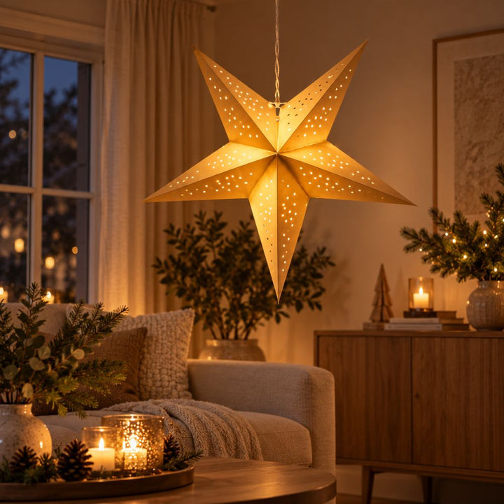 Pappersstjärna i guldfärg - med LED 60 cm