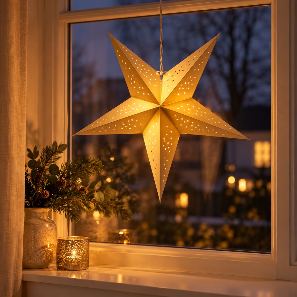 Pappersstjärna i guldfärg - med LED 60 cm