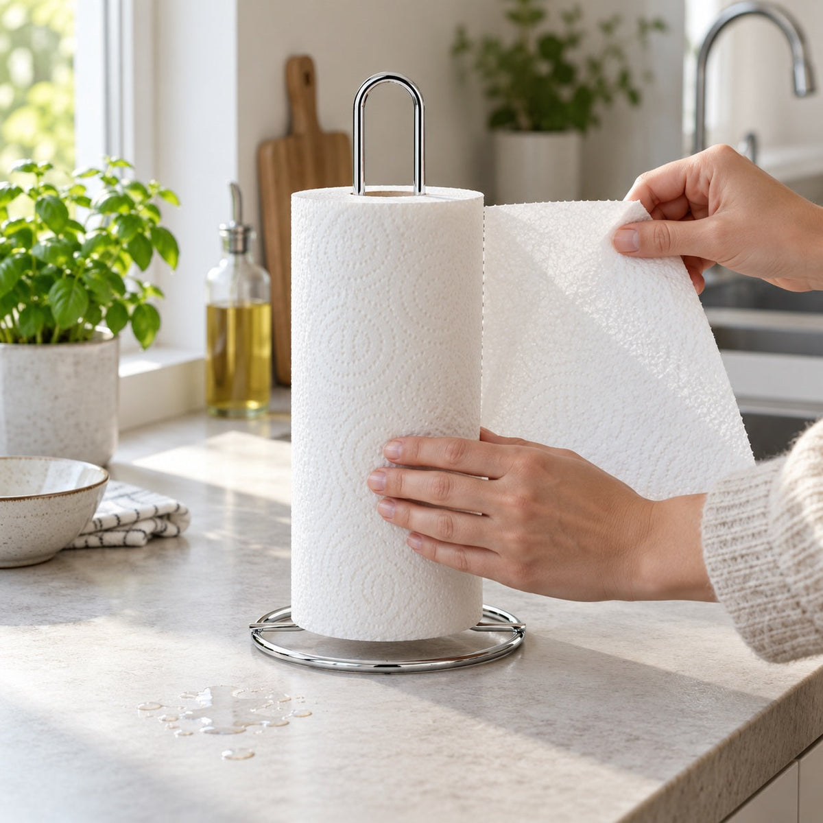 Køkkenrulleholder krom i brug