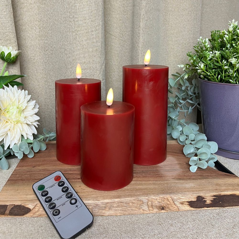 3 LED blockljus med 3D-flamma och fjärrkontroll Ø7,5x10+12,5+15 cm - Röd