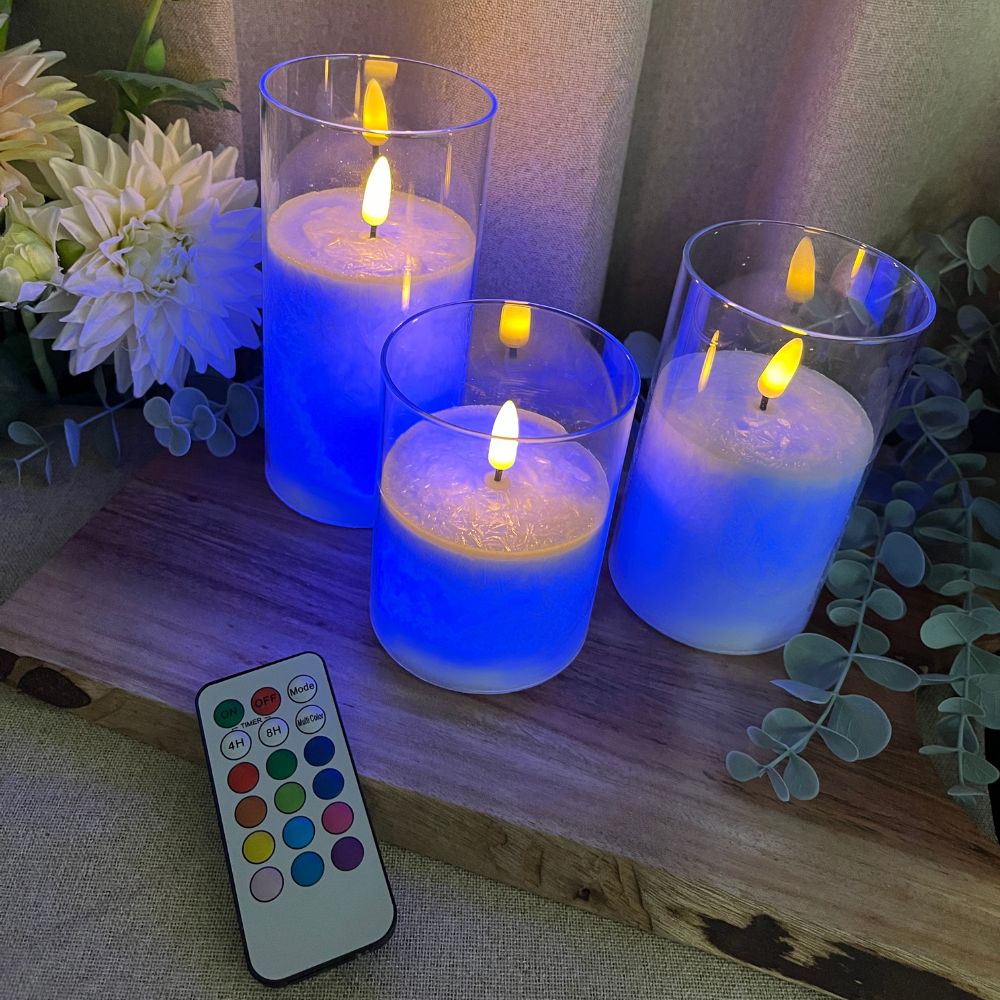 LED-cylinderglas 3 st. flerfärgad - med fjärrkontroll