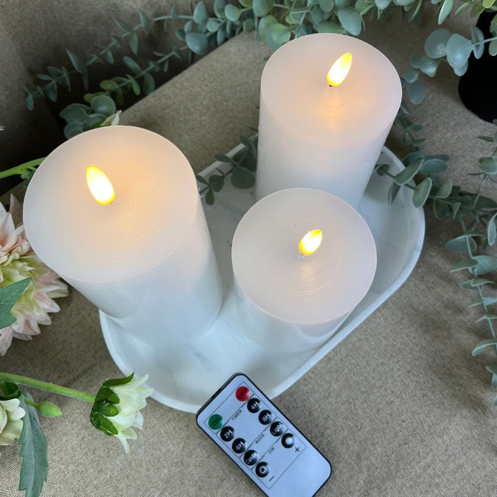 3 LED blockljus med 3D-flamma och fjärrkontroll Ø7,5 cm - Vit