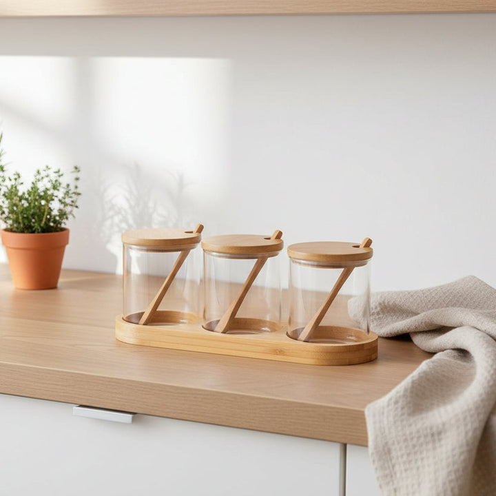 Förvaringsset i glas och bambu
