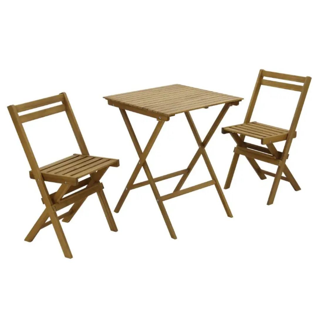 Caféset - 1 bord och 2 stolar i naturligt akaciaträ