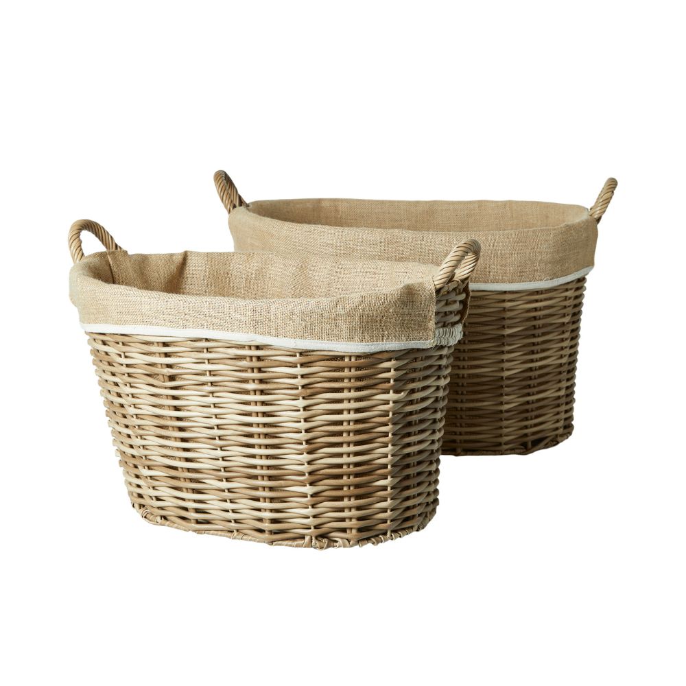 Korgset 2 st i pilflät - med handtag och linne - naturfärgat 60x46x35 53x39x30