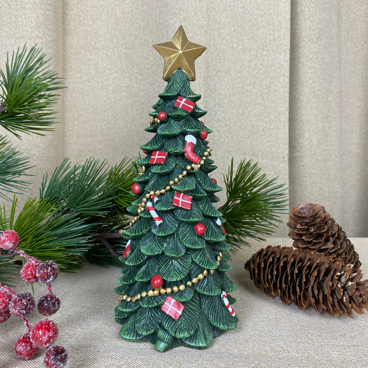 Julgran med dekorationer 23,5 cm polyresin mörkgrön