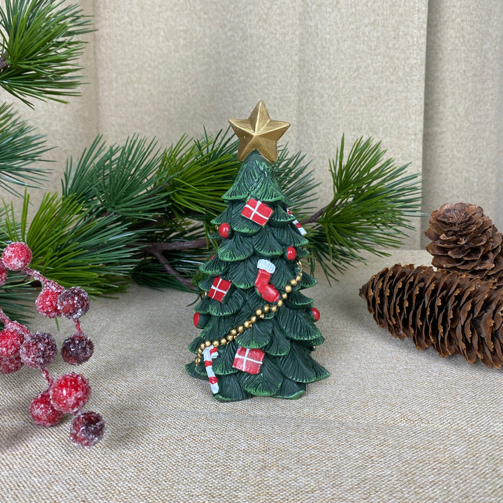 Julgran med dekorationer 15 cm polyresin mörkgrön