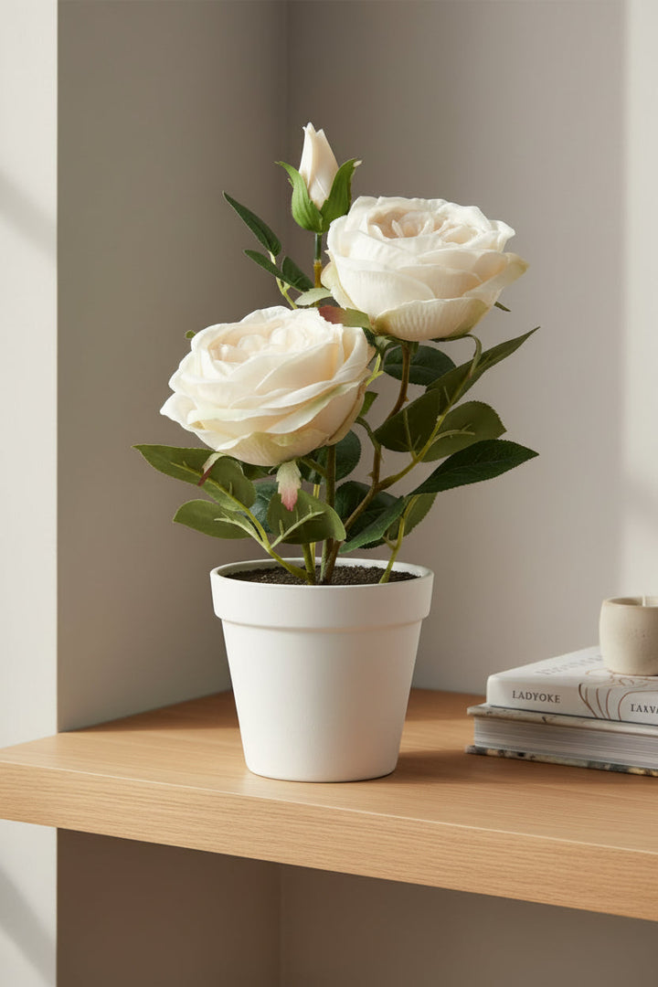 Ros i kruka 35 cm polyester/plast vit
