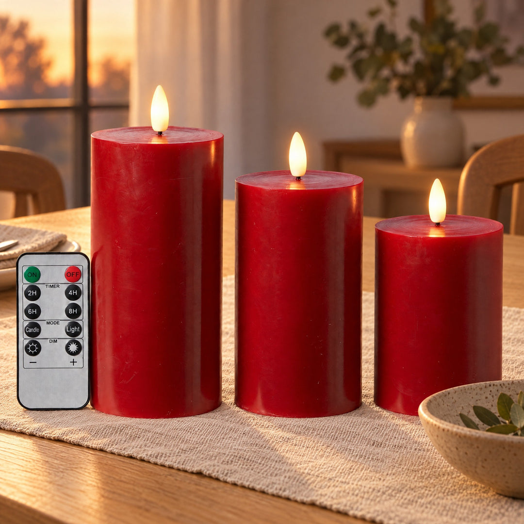 Blockljus 3D-flamma 3-pack Ø7,5x10+12,5+15 cm röd med fjärrkontroll