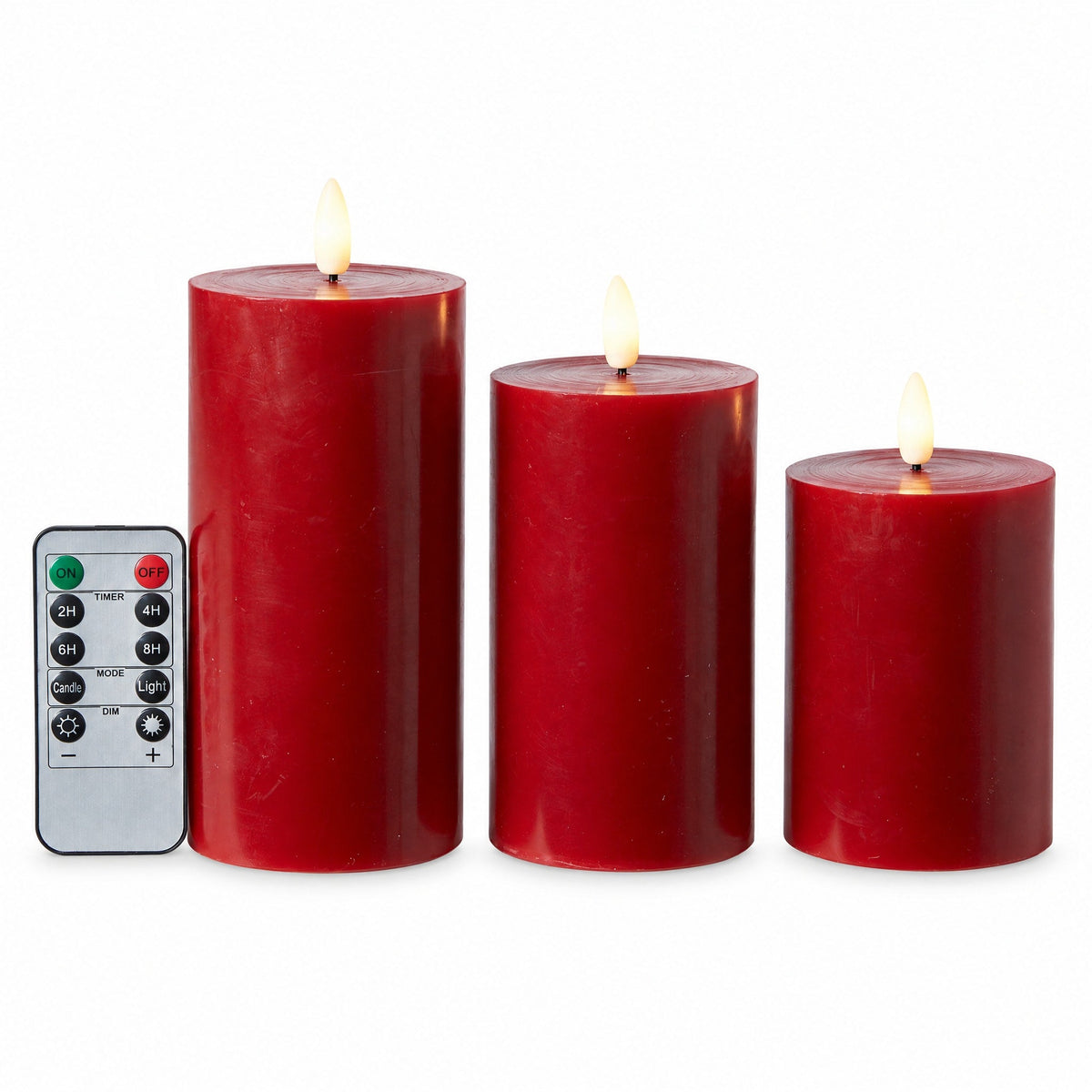 Blockljus 3D-flamma 3-pack Ø7,5x10+12,5+15 cm röd med fjärrkontroll
