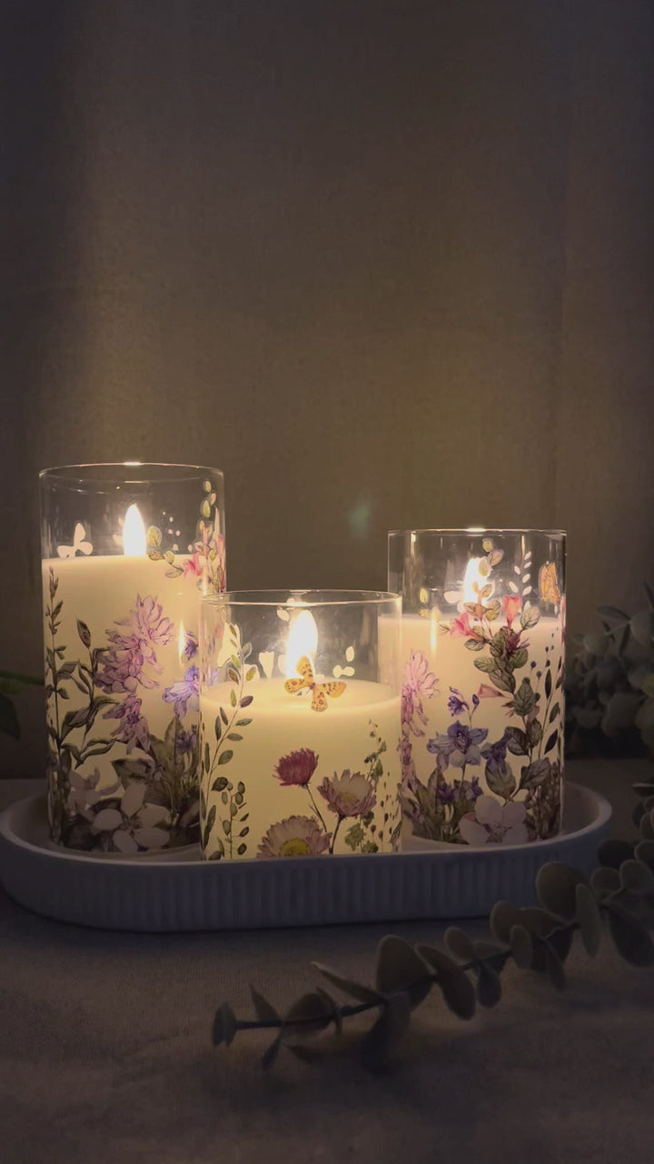 LED-lampor i cylinderglas 3 st. – blomstermotiv och fjärrkontroll