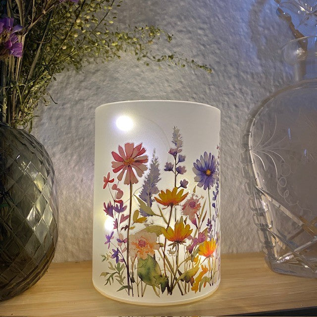 Cylinderglas med 10 LED-slingor - flora lila/rosa