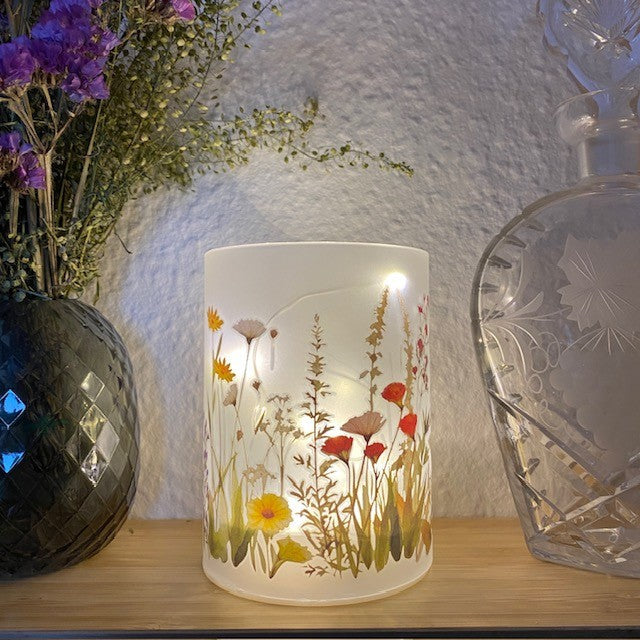 Cylinderglas med 10 LED-tråd Ø9x12 flora röd/gul/vit