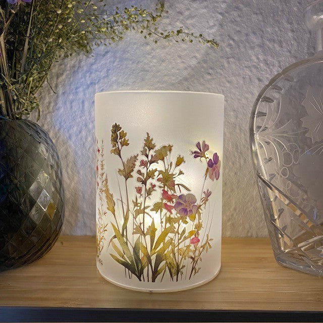 Cylinderglas med 10 LED-tråd Ø9x12 flora röd/gul/vit